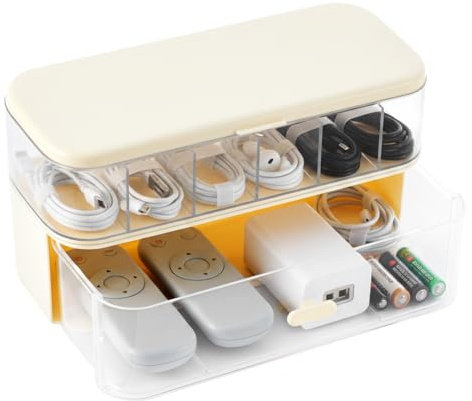EVERGOODS Dual Layer Charger Storage Box 7 Compartment Data Tidy Cable Management Box, Cord Organizer Box for Desk - Holds Chargers Plastic Storage Box for Charger Organiser (Cream, 8.9x3.7x4.9)
