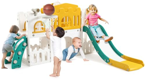 Toboggan pour Enfants Intérieur/Extérieur 8-en-1, Inclut Panier De Basket, Tunnel, Télescope Et Espace De Cache-Cache, pour Enfants De 2 à 8 Ans