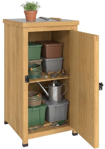 Outsunny Wooden Garden Shed Wooden Garden Storage Light Brown | Garden Tool Storage Shed, Outdoor Storage Cabinet, Galvanised Top, Shelf, Door