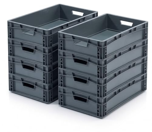 RODOPI 8x Eurobox 60x40x17 cm, stapelbar, graue Transportbox aus PP-Kunststoff, Eurobehälter mit 2 Grifföffnungen, Aufbewahrungsbox für Lager, Werkstatt, Haushalt