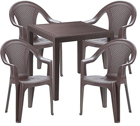 Mojawo® Gartengarnitur - 5-teilig - Gartentisch Kunststoff 79x79cm H72cm - + 4 Stapelstühle - Kunststoff Mokka - Bistro Set - Esstisch - Stapelstuhl