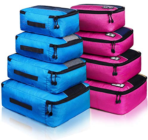 Packing Cubes Luggage Bags Organizer Durable Travel Accessories With Clothing Label, 8 Set - Rose/Blue, OneSize