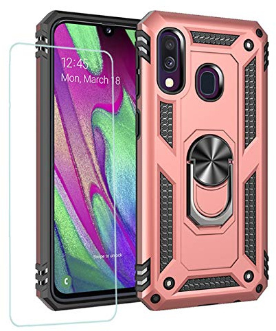 Joytag Kompatibel mit Samsung A40 Hülle Ring Magnetische Halterung, Hülle + gehärtete Glasfolie, stoßfest, robuste Rüstung, Silikon TPU 360 Grad Handyhülle, Roségold