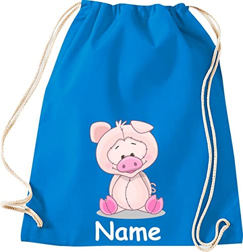 ShirtInStyle Turnbeutel Tiere Schwein Schweinchen mit Wunschnamen, Beutel Tasche Hort Kita, Farbe Sapphire