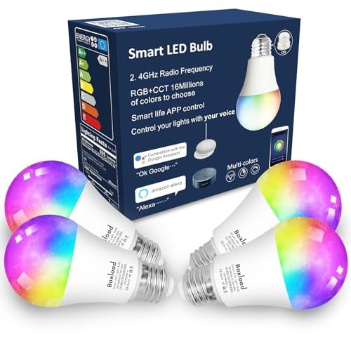 Boxlood Lampadina Smart wifi E27, Lampadine Alexa Compatibile con Alexa/Google Home, lampada Intelligente LED controllo voce e App, dimmerabile RGB 2700K-6500K, 7W, 60W Equivalente, 2.4GHz,4 Pezzi