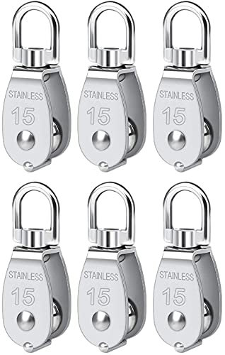 Single Pulley Block, Lsqurel 304 Stainless Steel Crane Pulley Block Pulley Wheel Pulleys for Lifting, Ladder Lift, Gym Equipment, Shop Lift (M15 6Pack)