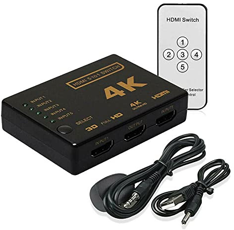 Multibao 5 In 1 Out HDMI Switch with Remote - 4K 3D 1080P Plug & Play HDMI Switcher for PS4, Xbox, DVD Player, HDTV, Computer, Laptop, Projector
