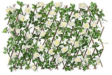 RUIXFLR Expandable Artificial Wooden Fence With Flowers Leaves, Garden Decoration Retractable Trellis, Scalable Hedge For Balcony, Courtyard, Small Fence White Rose