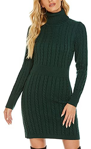 QUNERY Vestito Donna Invernale Elegante,Abito in Maglia Manica Lunga Collo Alto per Autunno,Vestiti Maglione Elasticizzato Casual A-Verde S