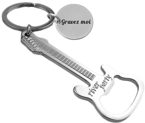 Porte-clés Guitare Décapsuleur Argenté Gravure Personnalisée Sur Médaille