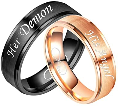 Aotiwe Paar Ringe Set, Pärchen Schmuck mit Graviert Her Demon and His Angel Edelstahl Rosa Gold Schwarz W 54 &M 62