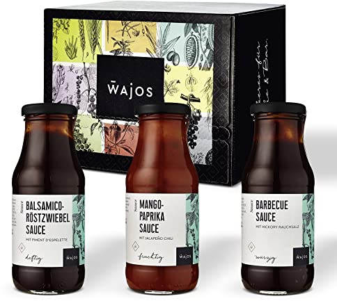 WAJOS Barbecue Geschenkset | 3 BBQ Saucen je 245ml | Geschenke für Männer, zum Vatertag oder Geburtstag | Grillsaucen | Mitbringsel zur Grillparty
