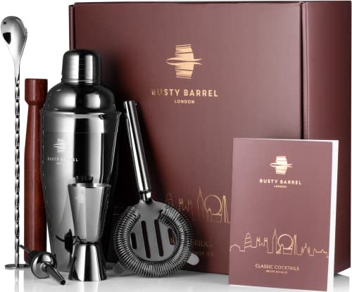 Rusty Barrel Knightsbridge Set Cocktail Nero - Shaker Cocktail in Acciaio Stile Manhattan, Bastoncino, Colino, Misurino Cocktail, Beccuccio, Cucchiaio, Libro Cocktail - Kit Barman in Scatola Regalo