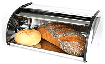 Domotti Brotbehälter aus Edelstahl 43 x 27 x 18 cm Brotkasten Brotbox Brotaufbewahrung Rollbrotkasten Klappkasten Brotkorb Rolldeckel