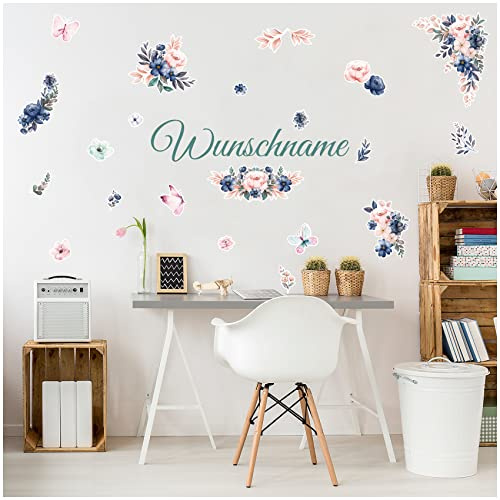 Wandsticker personalisiert mit Name Wandtattoo für Jugendzimmer Kinderzimmer Wohnzimmer Wandbild Mädchen Junge Teenager selbstklebend Y065 (Mit Wunschname, 01 Blumen)