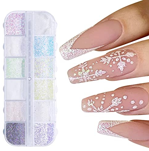 Nagel Glitzer Zucker Schimmernder Zucker Nagel 12 Farben Nagel Glitter Nagel Pailletten Zucker Glitzerpuder Weiß für Nagelkunst Maniküre Dekoration