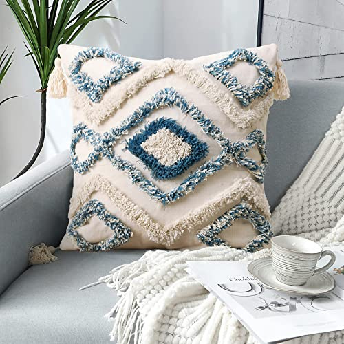 Jasen Dekorativer Boho-Kissenbezug, gewebt, getuftet, mit Quasten, Bohemia-Kissenbezüge für Couch, Sofa, Schlafzimmer, Wohnzimmer, 45,7 x 45,7 cm, Blau und Beige