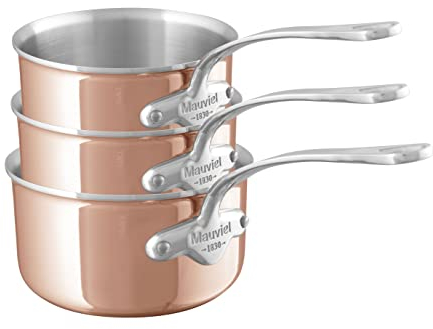 Mauviel M'6S Lot de 3 casseroles 6 plis en cuivre poli et inox avec poignées en fonte inox, compatible avec tous types de cuisinières, fabriqué en France