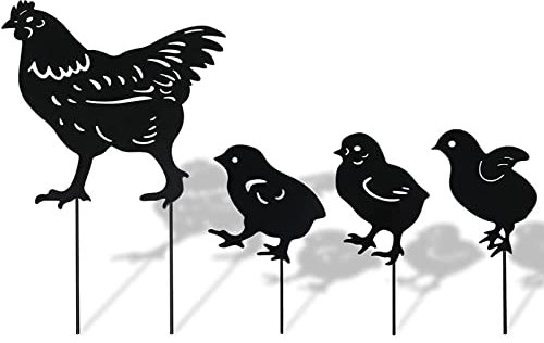 4Pcs Metal Chicken Garden Stakes, Decorative Hen and Chicks Yard Stakes, Metal Animal Yard Decor, Chicken Art Silhouette Statue for Lawn Patio Gazon Outdoor Ornament