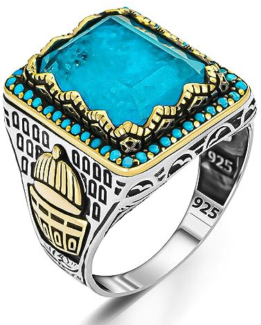 Herren-Ring aus massivem 925er Sterlingsilber, Moschee-Motiv, Paraiba, islamischer Herrenring, türkisch, handgefertigt, Silberschmuck, Sterlingsilber, Zirkon Edelstein