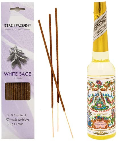 Agua de Florida 270ml ursprünglich aus Peru, Jiri & Friends 1-Pack Räucherstäbchen Weißer Salbei 15 Stuck Natural Incense | 100% Natürlich Purifying Spiritual Water | Florida Water