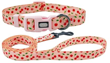 Olahibi Ensemble collier et laisse pour chien, joli motif cerise, matériau polyester, laisse de 1,5 m, pour chiots (XS, rose cerise)