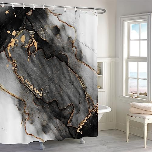 MIRRORANG Rideau de Douche en marbre Noir et Blanc d'or, Rideau de Douche de Couleur mélangée de Texture Aquarelle de Luxe, Rideau de Douche d'art Moderne Abstrait Ensemble de 12 Crochets,183x183cm