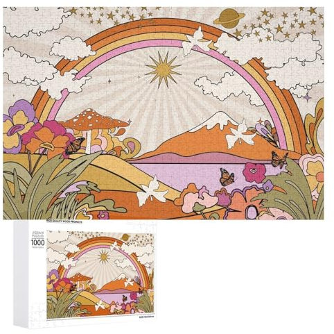 Puzzles for Adults 1000 Pieces, Hippie Landscape Vintage 70s Jigsaw Puzzle Fun Family Challenging Puzzles Puzzle Game