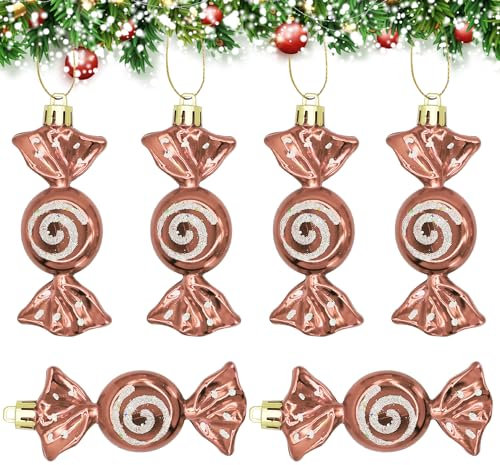 Christmas Candy Ornaments, 6 Pieces Christmas Tree Candy Hanging Decorations Glitter Candy Cane Ornament Sweet Shaped Baubles Hanging Pendants for Xmas Party Home Decor A7TGGJ (rose gold)