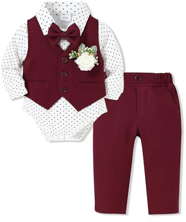 SOLOYEE Baby Boys Formal Suit, Infant Gentleman Wedding Outfit Newborn Bodysuit + Pants + Waistcoat + Bow Tie + Corsage Christening Clothes 5Pcs Set (Red, 6-12 Months)