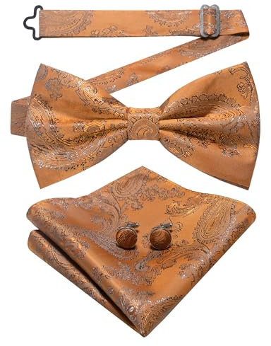 JEMYGINS Herren Fliege mit Cashewblütendesign Retro-Design mit Manschettenknöpfen und Einstecktuch,Aprikosenbraun mandelbraun