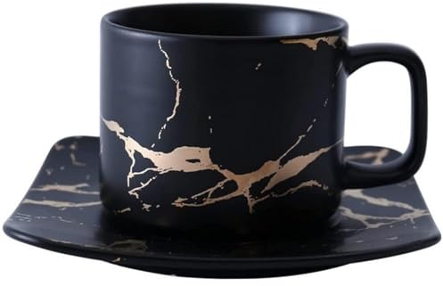 VollfitYYu 280 ml Cappuccino Cups Set, Marble Coffee Cup with Saucer, Espresso Cup, Porcelain Tea Cup with Saucer, Coffee Service for Home, Office, Party, Café (Black)
