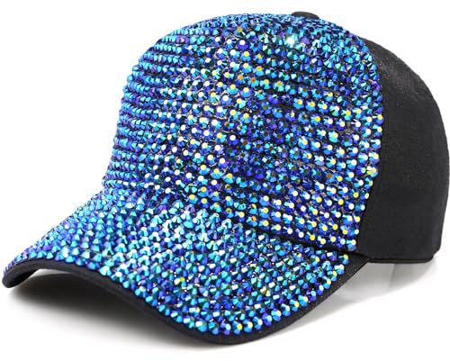 MESU Damen Baseballmütze Mit Nieten Strass Kristall Baseballmütze Funkelnde Sonnenhut Blau