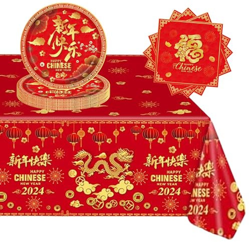 37 Stück Chinesisches Neujahr 2025 Partygeschirr,Chinese New Year Partyzubehör Pappteller,Servietten,Tischdecke,Happy New Year Servietten,Silvester Partygeschirr für Spring Festival Party Deko