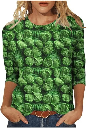 St. Patrick's Day Bluse Damen 3/4 Ärmel Tshirt Irisches Kleeblatt Druck Pullover Fitness Oberteile Tunika Lässig Basic Shirt Gnom Wichtel Motiv Tops Langarmshirt Rundhals Pulli T-Shirt Streetwear