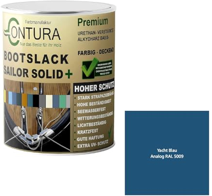 Contura Bootslack Farbig GLÄNZEND Yacht- Buntlack Metall Holz GFK Holzlack Boot Farblos (Yacht Blau - RAL 5009 Analog, 500ml.)