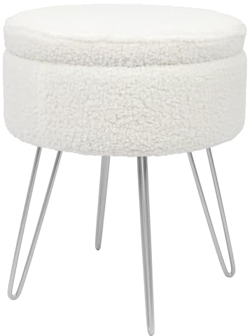 Harbour Housewares Boucle Round Foot Stool with Storage - Cream with Silver Legs - Modern Dressing Table Pouffe Footstool Vanity Chairs Footstools for Living Room