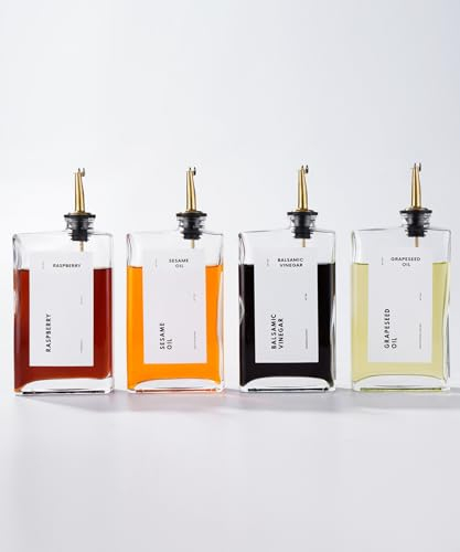 APT 1101 Juego de dispensador de aceite de oliva, 4 botellas de vidrio dorado con vertedores de acero inoxidable, 350 ml cada una, perfecto para aceite de oliva, vinagre, salsa de soja, jarabe de café