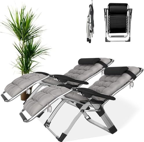 PMFRUG Relaxsessel Outdoor,Gartenliege Extra Hohe Sitzhöhe Sonnenliege Liegestuhl bis 200kg Belastbar Balkon Relaxsessel Gartenstuhl mit Fußteil (B-mit Grauem Kissen, 2er Set)