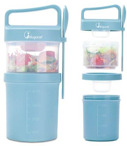 Bugucat Müslibecher To Go 560ML+360ML,2 in 1 Joghurtbecher To Go mit Löffel und Deckel, Auslaufsicher Cornflakes to Go mit Griff für Joghurt,Müslidose Müslischale Frühstücksdose Blau