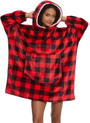 Mnamo Tragbare Decke Hoodie Blanket für Erwachsene rotes Karomuster warme übergroße Sweatshirt-Decke mit Kapuze für Familie und Freunde Einheitsgröße
