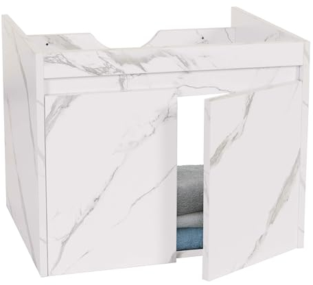 Mendler Waschbeckenunterschrank HWC-L86AM, Badezimmer Waschtisch Unterschrank, MVG Melamin Türen 48x59x46cm - Marmor-Optik weiß