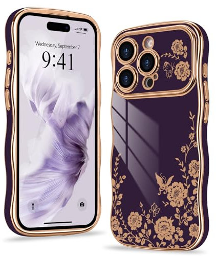 Wirvyuer for iPhone 14 Pro Max Case, Cute Floral Flower Phone Case Curly Wave Frame Shape with Luxury Gold Plated Bumper, Shockproof Raised Full Camera Protection Cover for Women Girls, Dark Purple