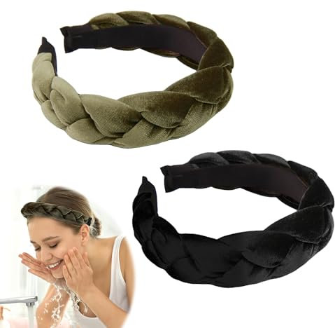 Lot de 2 Serre-Têtes en Tissu Bandeau Cheveux pour Femme, Bandeau de Velours Élastique, Noir et Vert, Accessoire de Mode pour Coiffures Tendance