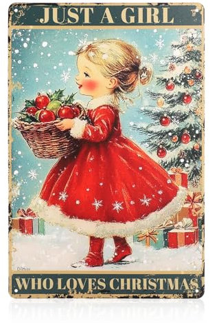Weihnachts-Blechschild aus Metall im Vintage-Stil, 20 x 30 cm Just a Girl Who Loves Christmas Schild Retro-Weihnachtsdekoration für Zuhause Familie Innenhof Café Bar Wanddekoration