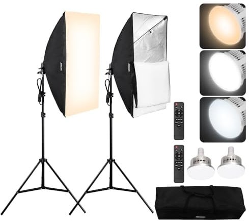 VEVOR Kit di Illuminazione Softbox, Softbox Professionale con Lampadine LED 45 W 3000-6500 K, Luce Naturale, Treppiede Regolabile, Luci per Fotografia, Registrazione Video, Streaming Live 500 x 700 mm
