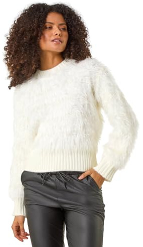 Roman Striped Fluffy Knit Jumper for Women UK - Ladies Autumn Everyday Winter Holiday Round Neckline Comfy Long Sleeve Soft Warm Feel Top Office Desk Sweaters - Ivory - Size SM