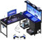 Coleshome Escritorio Gaming con LED, 130 x 100 cm Reversible Mesa Gaming con Cajones y Tomas de Corriente, Escritorio Esquinero con Estantes y Espacio de Almacenamiento, Negra