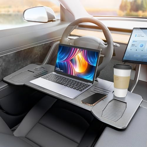 JAOGAUS Car Laptop Desk Compatible with Model Y, Folding Steering Wheel Tray, Carbon Fiber Work Table, Multi-Use Vehicle Seat Mount Desk for Working, Reading, Dining, Easy to Clean & Store