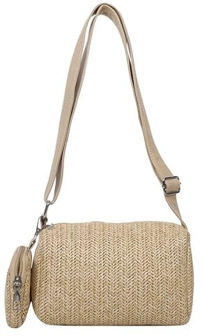 PANTIDE Khaki Straw Cross-body Bag - Summer Bohemian Shoulder Bag with Change Purse for Daily Use Girls Women Woven Cross Body Totes with Adjustable Wide Strap Detachable Purse for Travel Shopping